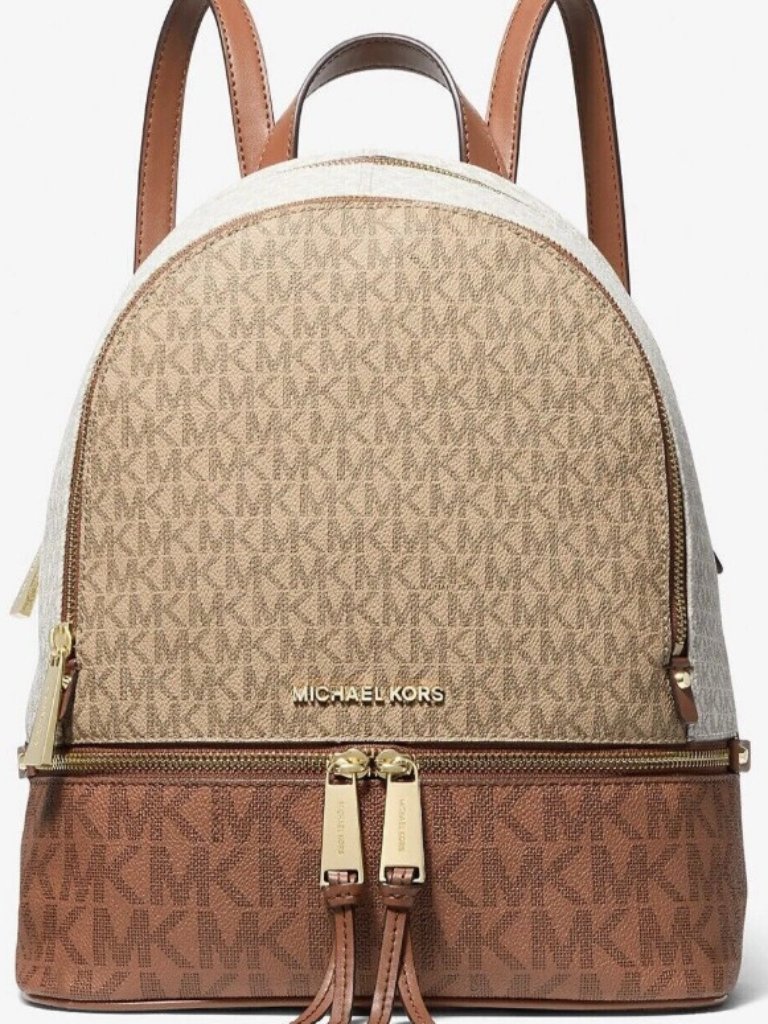 Nwt Michael Kors Rhea Medium Color-Block Signature Logo Backpack Camel Multi